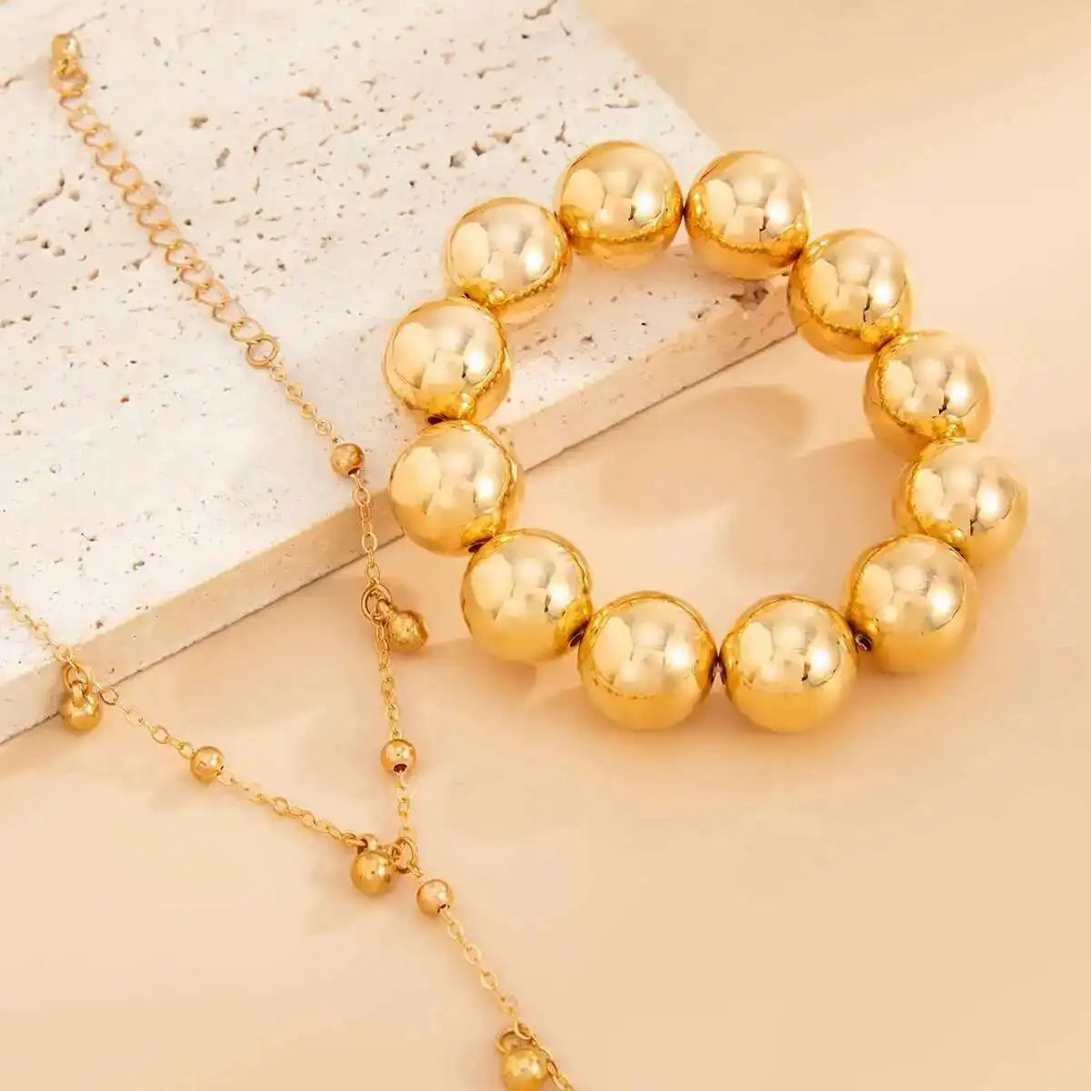 Gold Bead & Ring Chain Bracelet Set