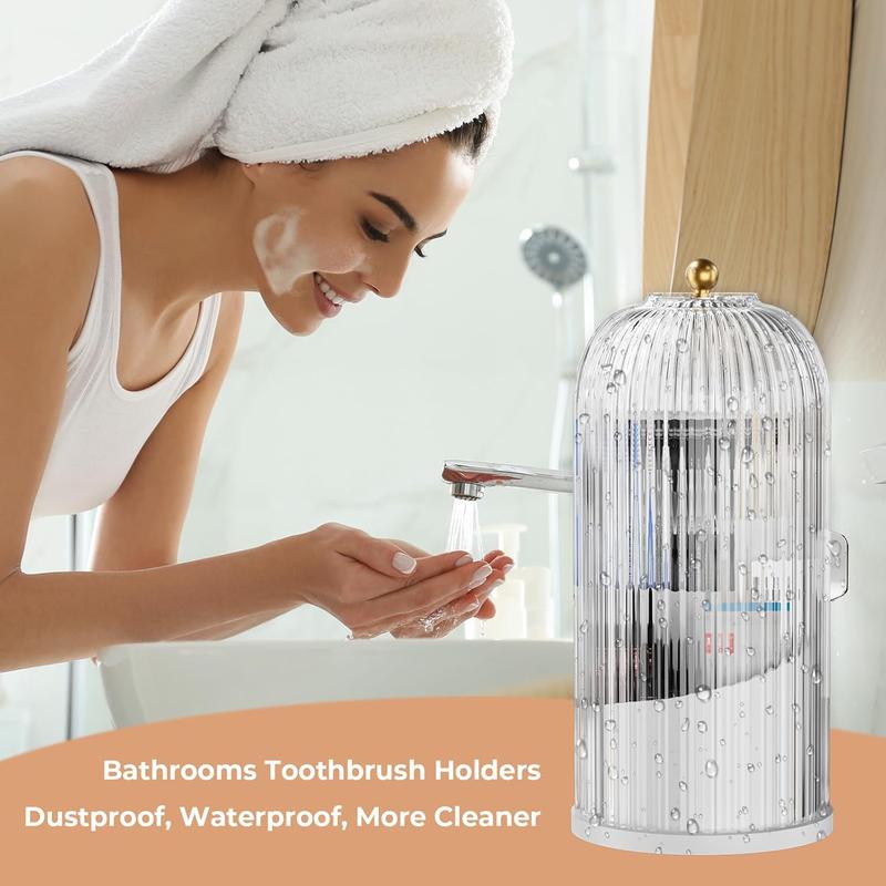 Covered toothbrush and grooming organizer on a bright bathroom vanity
