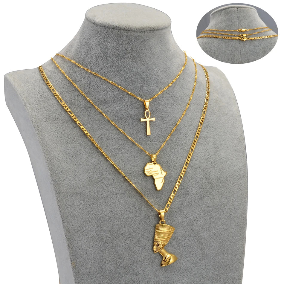 3 Piece Africa & Ankh Necklace Set