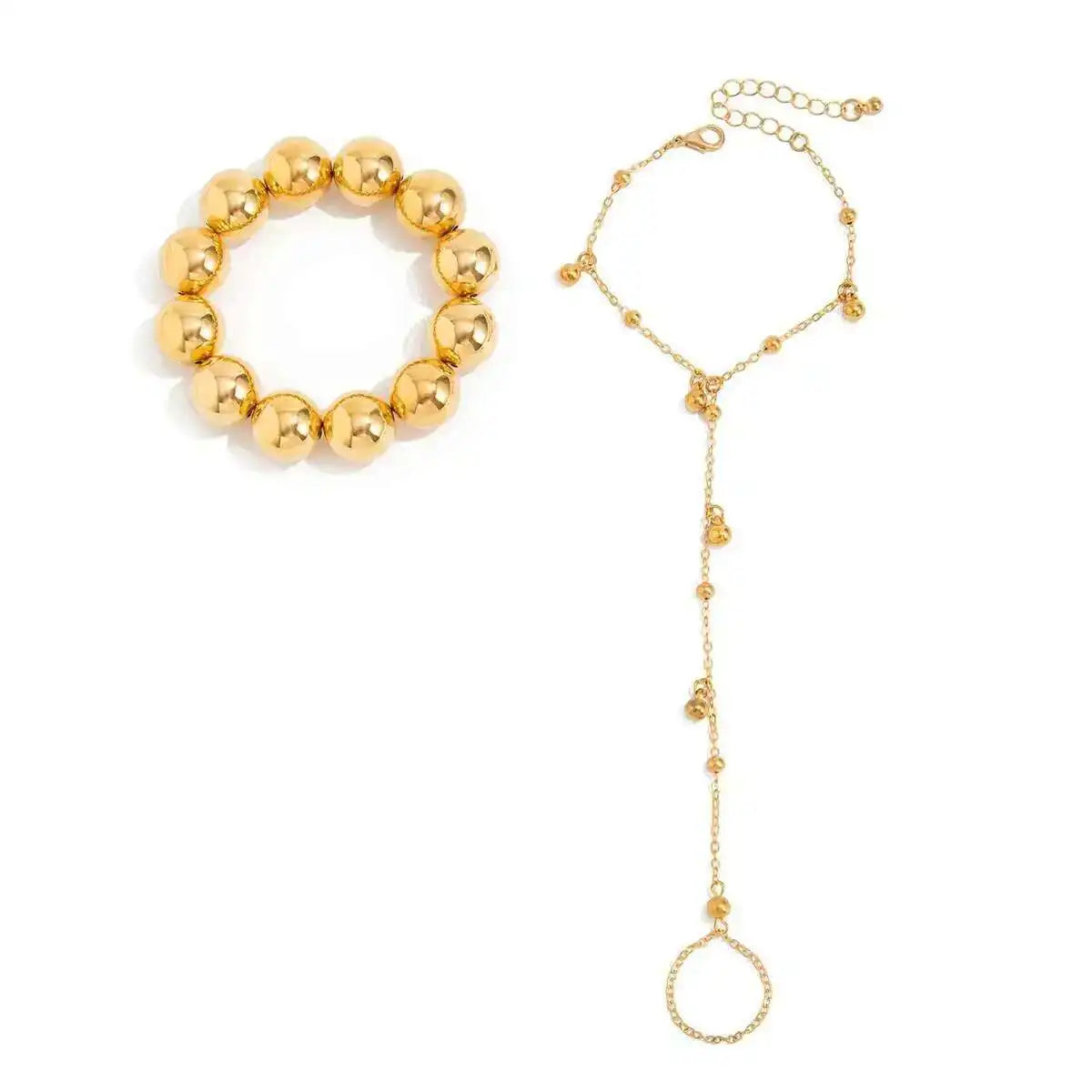 Gold Bead & Ring Chain Bracelet Set