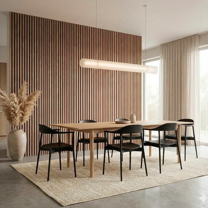Wood acoustic wall panels in dining room