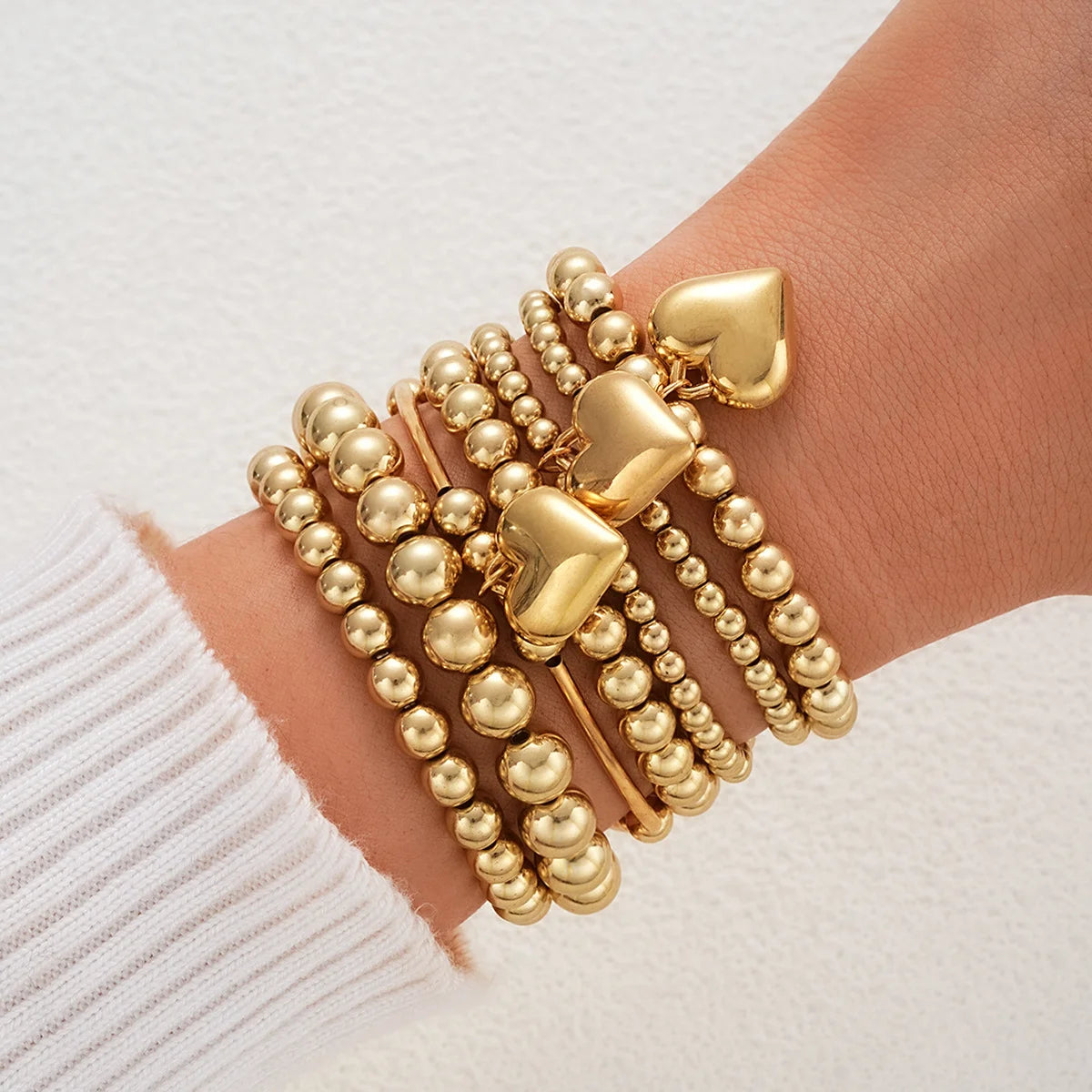 7 Piece Beaded Heart Charm Bracelet Set