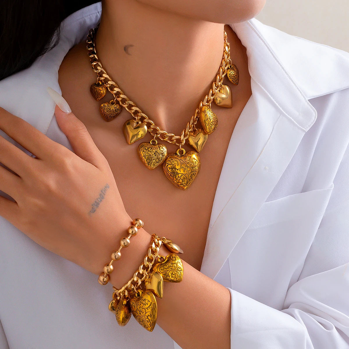 Statement Heart Necklace & Bracelet Set