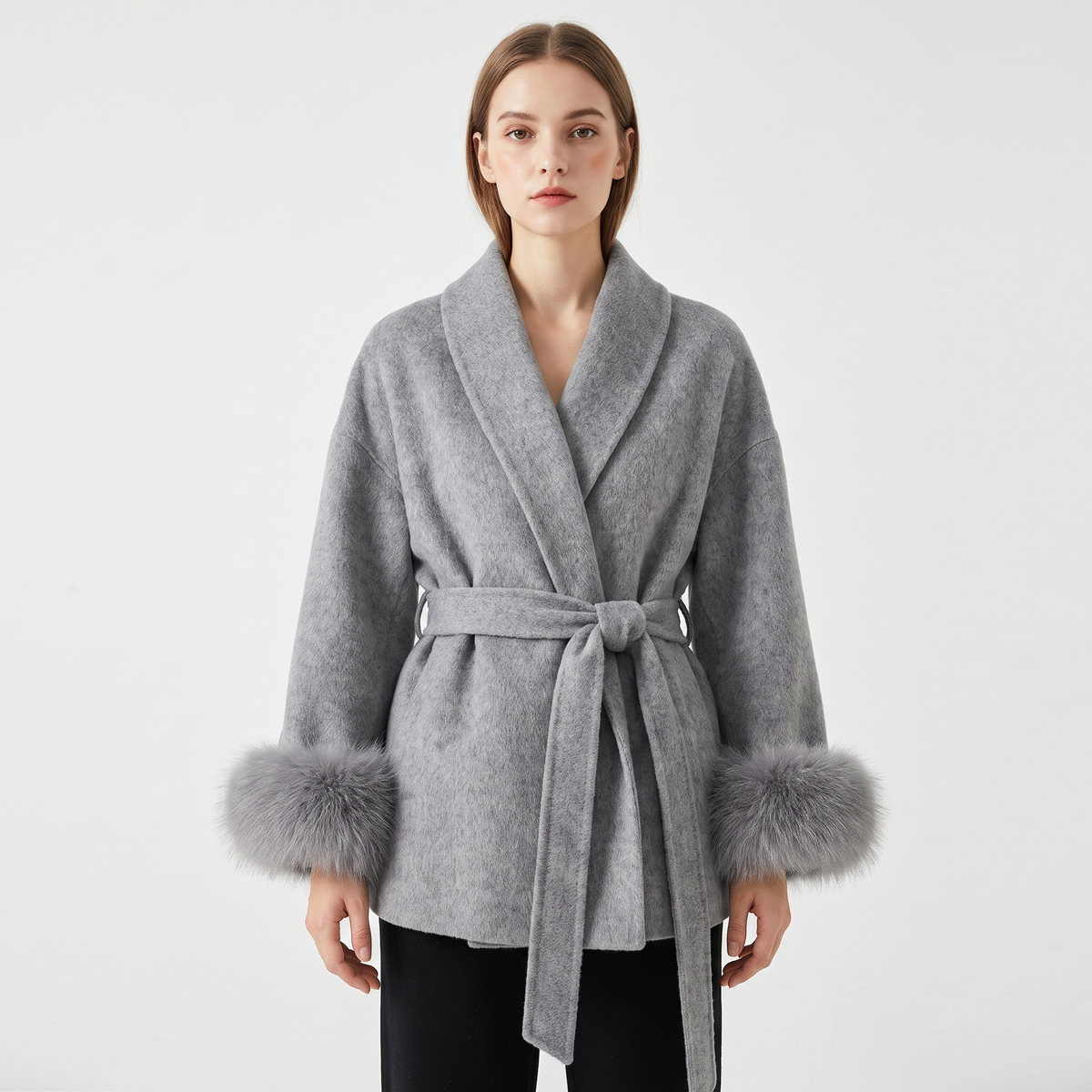 The Marguerite Belted Wrap Coat — front view with tie belt