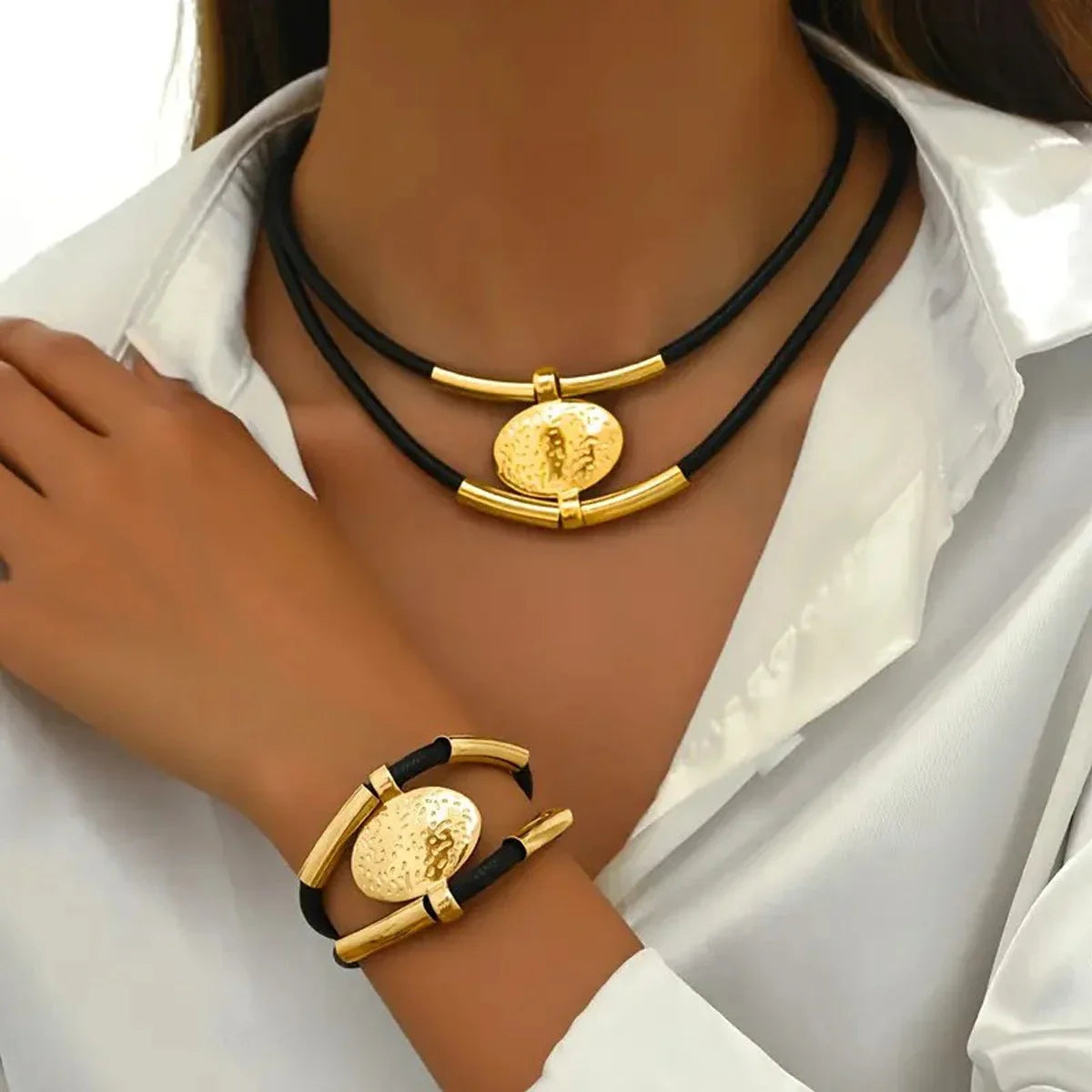 Textured Medallion Leather Necklace Duo