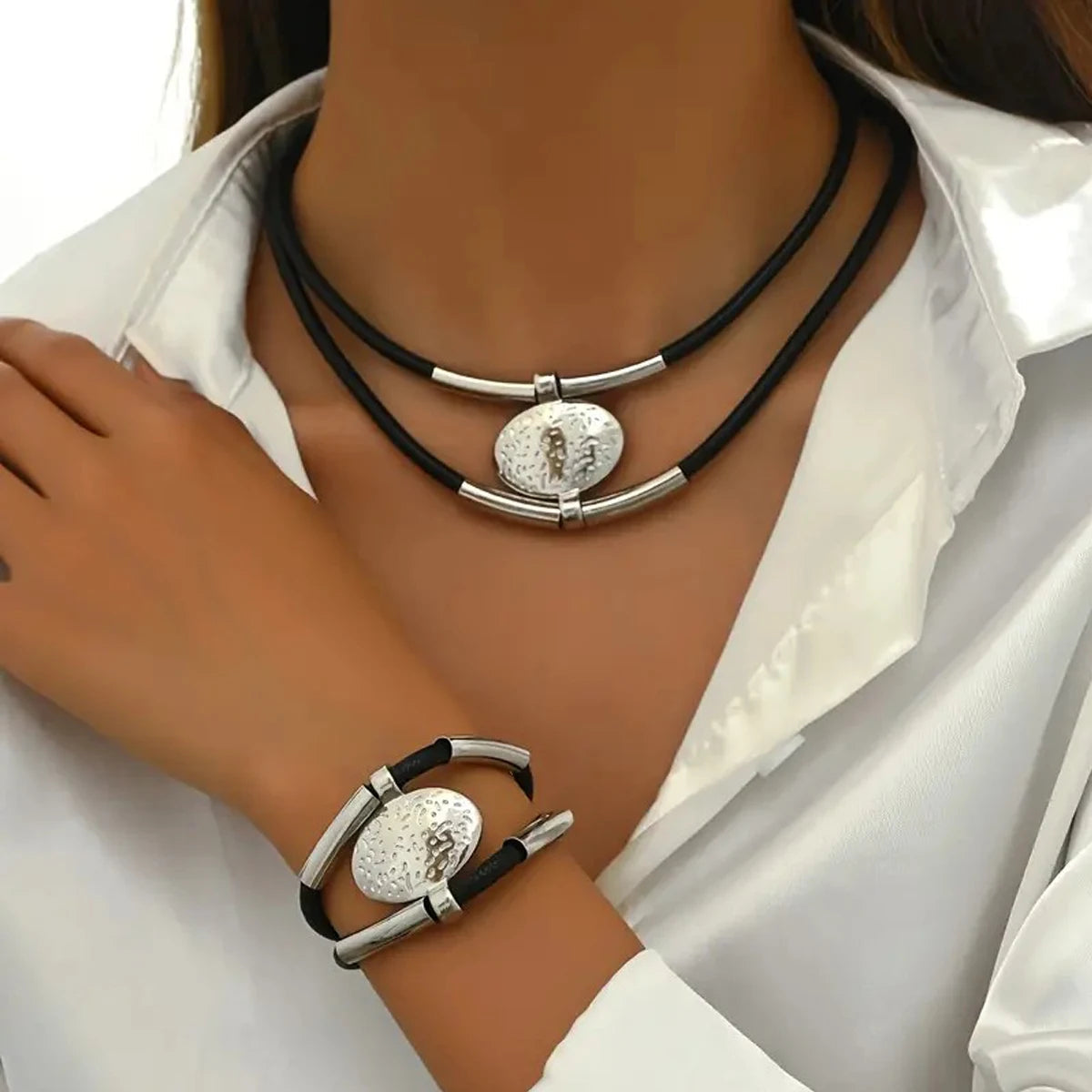 Textured Medallion Leather Necklace Duo